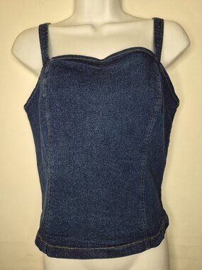 Tabloid Women L Blue Stretchy Denim Spaghetti Strap Sleeveless Zip Back Crop Top